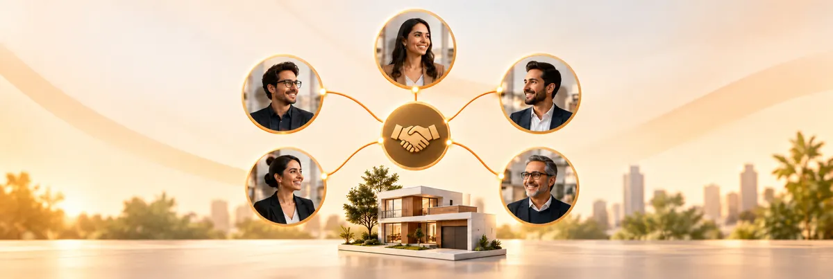 Asesores y profesionales inmobiliarios conectados alrededor de un apretón de manos y una casa